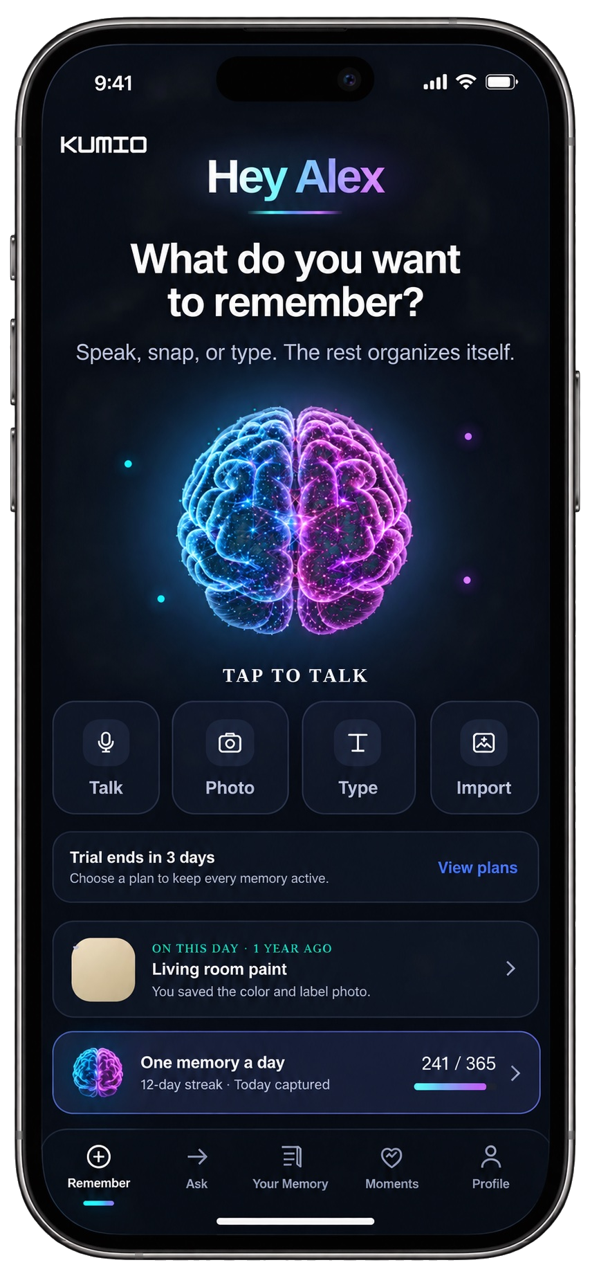 KUMIO Capture screen asking What do you want to remember