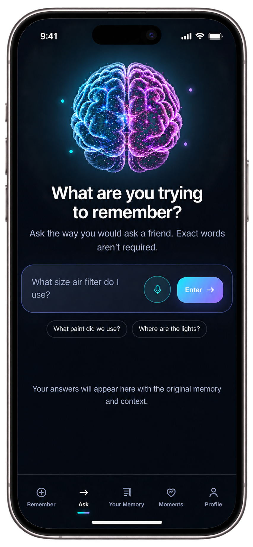 KUMIO Ask screen asking What are you trying to remember