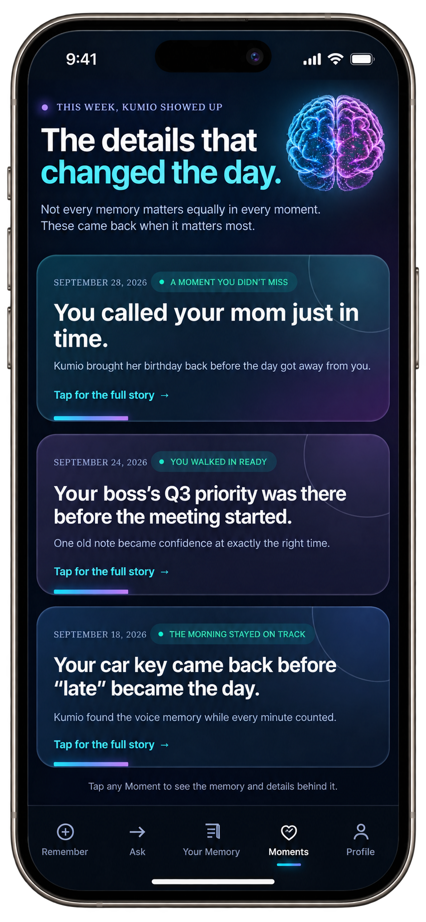 KUMIO Moments screen with details that changed the day