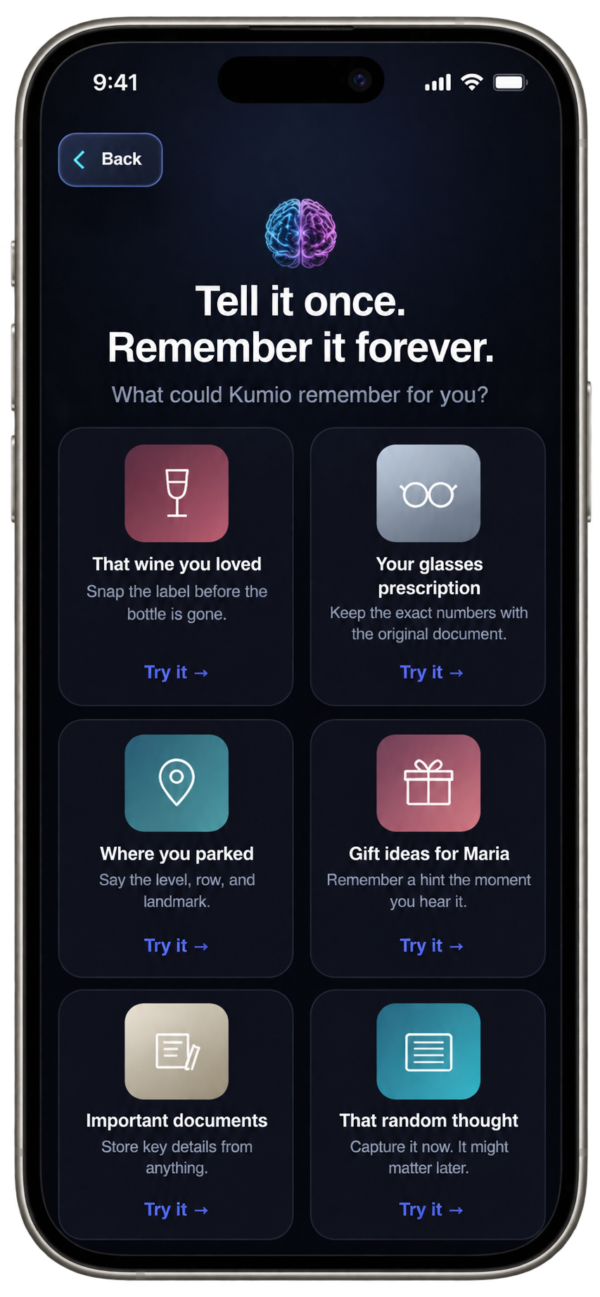 KUMIO Ideas screen titled Tell it once, remember it forever