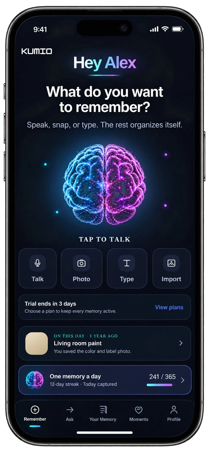 KUMIO Capture screen asking What do you want to remember