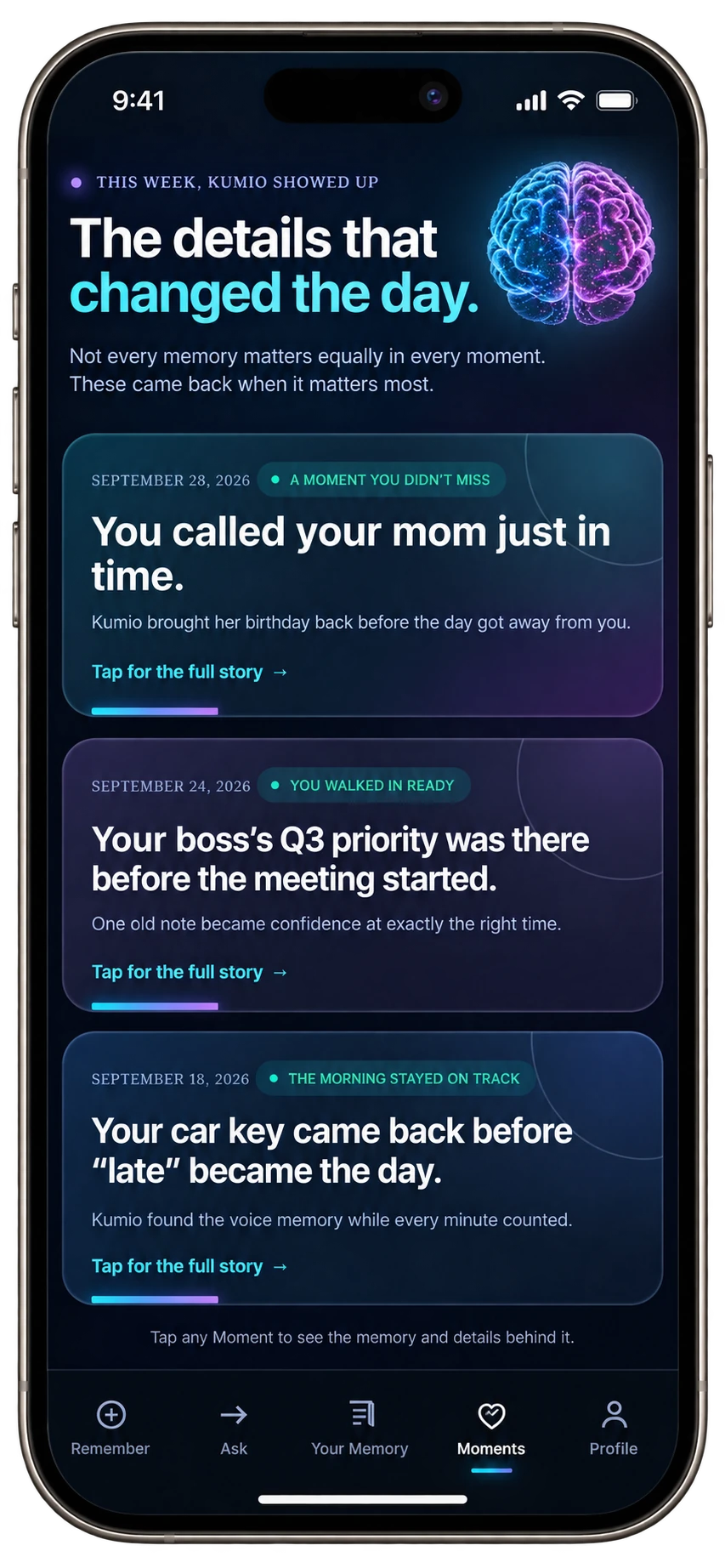 KUMIO Moments screen with details that changed the day