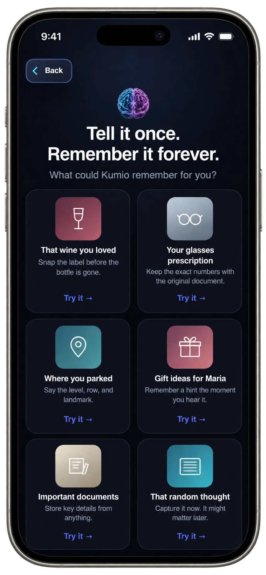 KUMIO Ideas screen titled Tell it once, remember it forever